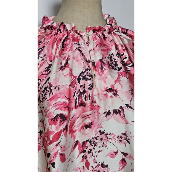 Anne Klein Printed Ruffle-Neck Long-Sleeve Satin Top Size XXL - Picture 4 of 10